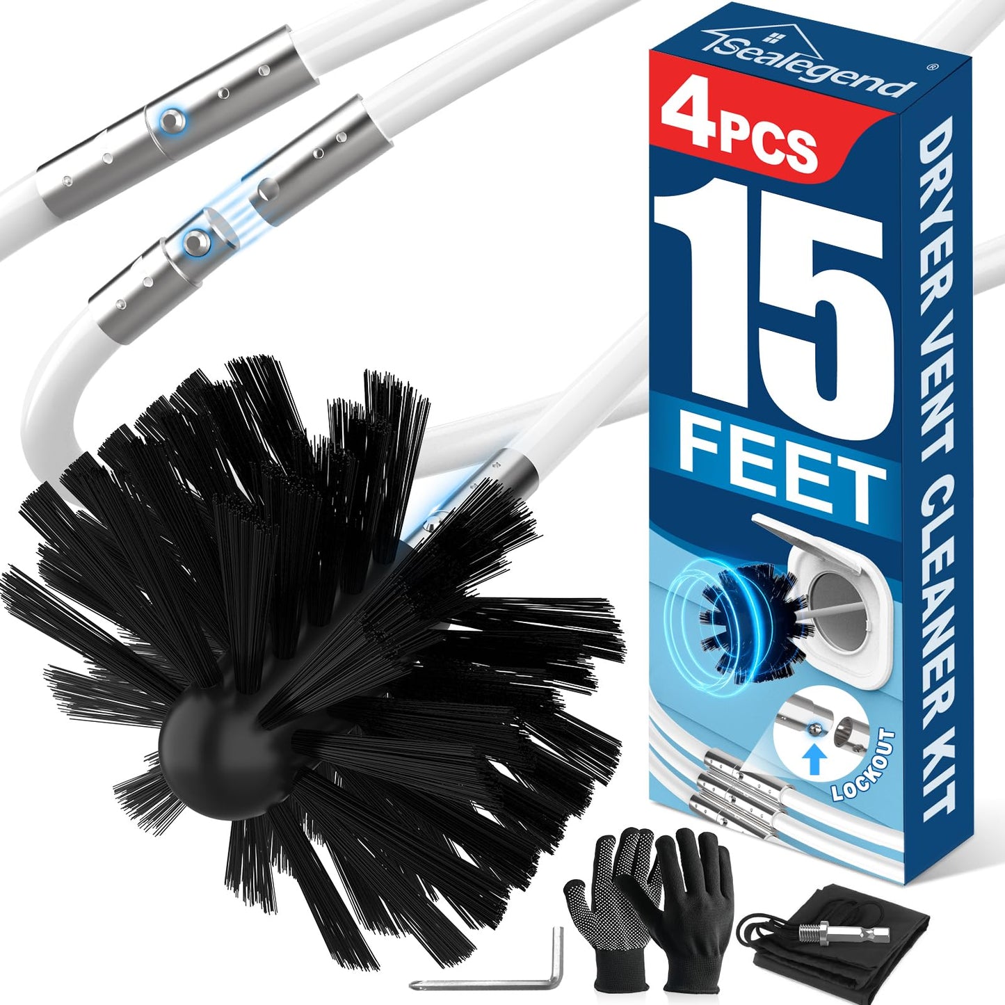 Sealegend 15 FEET Dryer Vent Cleaner Kit Lint Remover Upgrade Flexible Quick Snap Brush with Drill Attachment Extends Up to 15 FEET for Easy Cleaning Use with or Without a Power Drill